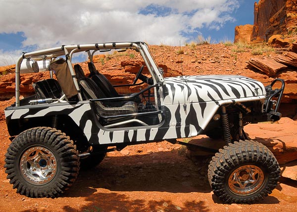 Troy's zebra-striped Jeep YJ Wrangler at Moab!